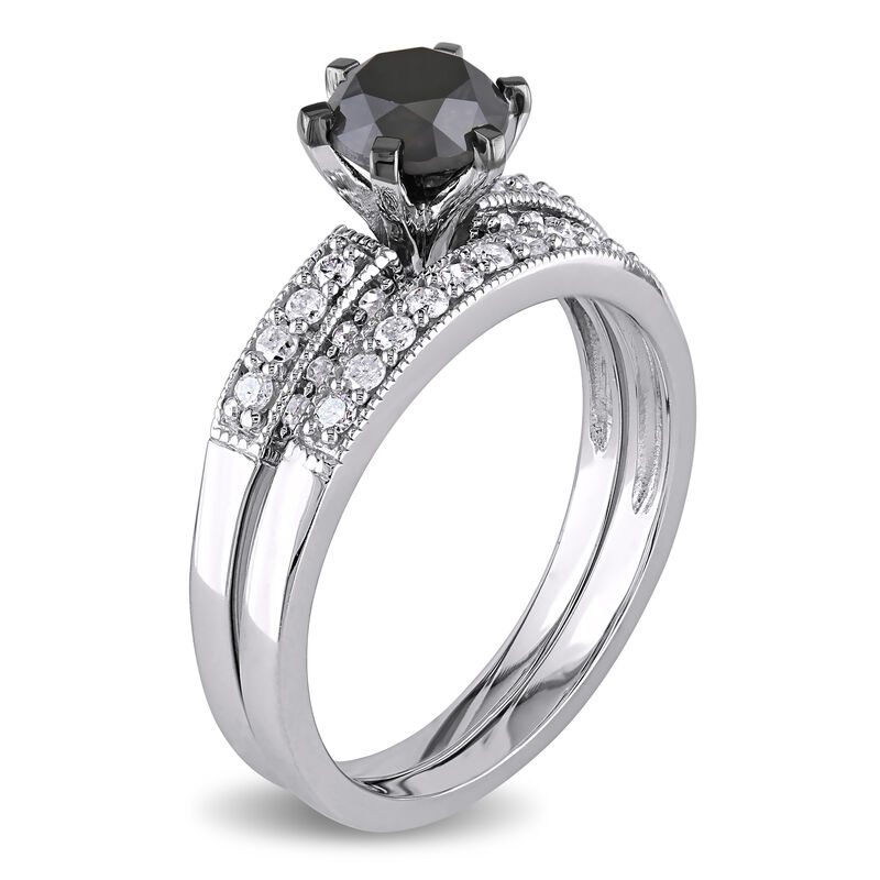 Round Black & White Diamond Engagement Ring + Band 1-1/3ctw. in White Gold image number null