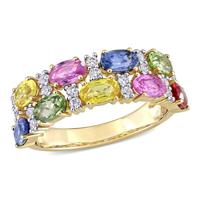 Rainbow Created Sapphire & Diamond Oval Ring in 14k Yellow Gold