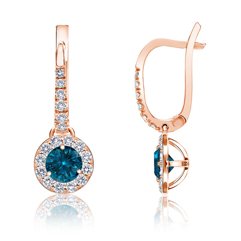Drop ½ct. Blue Diamond Halo Earrings in 14k Rose Gold image number null