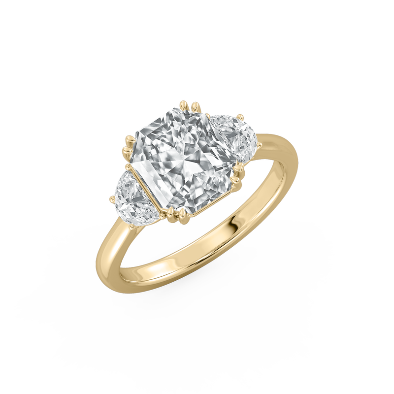 Elongated Octagon Lab Grown Diamond 3 1/2ctw. Three Stone Engagement Ring with Half Moon Diamonds in 14k Yellow Gold image number null