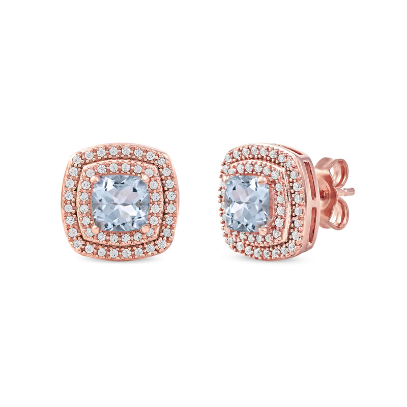 Aquamarine & Diamond Double Halo Stud Earrings in 10k Rose Gold image number null