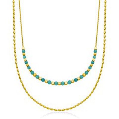 Blue Amazonite Double Layer Necklace in Yellow Gold Plated Stainless Steel