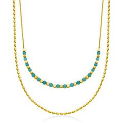 Blue Amazonite Double Layer Necklace in Yellow Gold Plated Stainless Steel