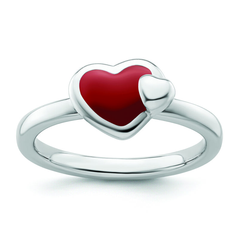Stackable Red Enamel Heart Ring in Sterling Silver image number null