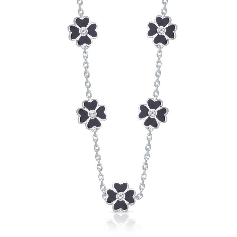 Black Enamel Clover Diamond Necklace in 14k White Gold image number null