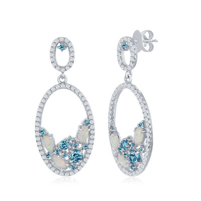 Created Opal, Blue Topaz & White CZ Scatter Dangle Earrings in Sterling Silver