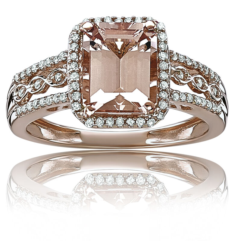 JK Crown Morganite Emerald-Cut & Diamond Halo Ring in Rose Gold image number null