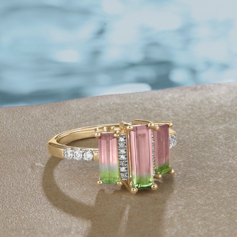 Elongated Three Stone Watermelon Tourmaline & Diamond Ring in 10k Yellow Gold image number null