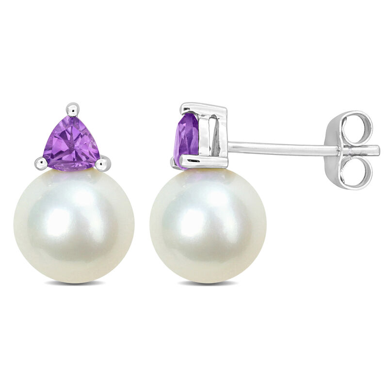 Amethyst & Freshwater Cultured Pearl Stud Earrings in 10k White Gold image number null
