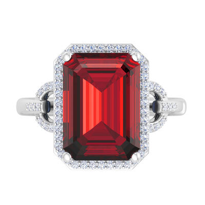 Martha Stewart Emerald Cut Ruby and Lab Grown Diamond Halo Ring in Sterling Silver