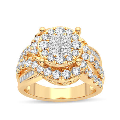 Lucille. Diamond 2ct. Quad Double Halo Pavé Engagement Ring 14k Yellow Gold