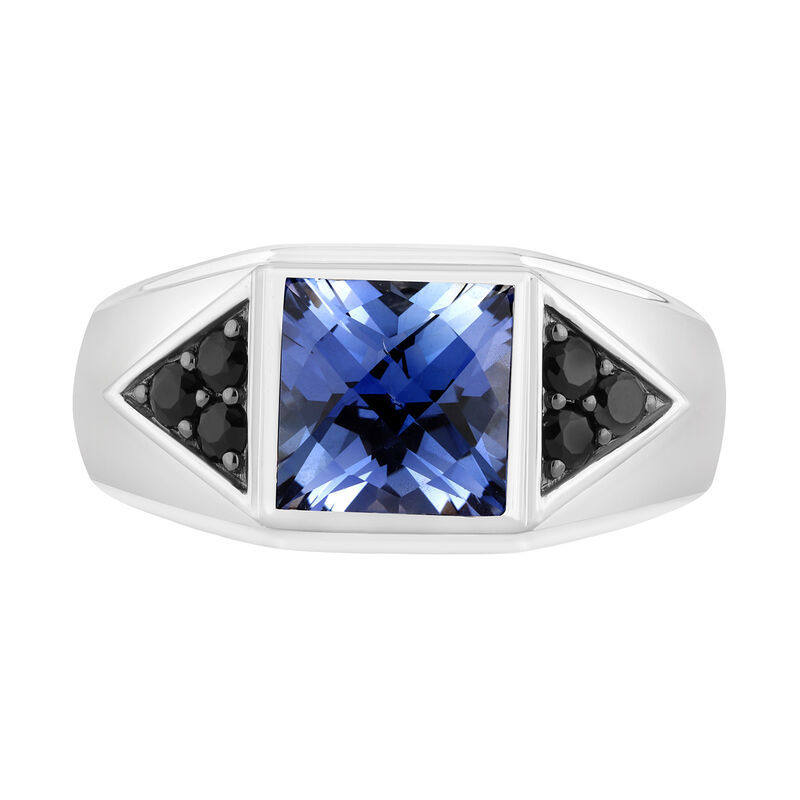 Men's 8mm Created Sapphire & Black Diamond Ring in 10k White Gold image number null