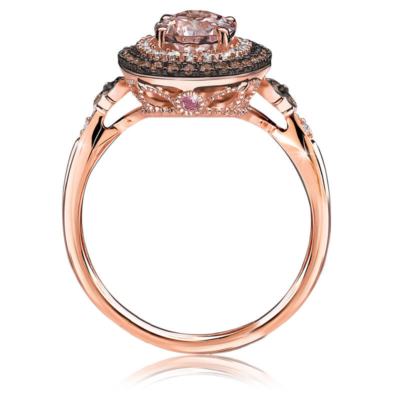 JK Crown: Morganite & Champagne Diamond Halo Ring in 10k Rose Gold image number null