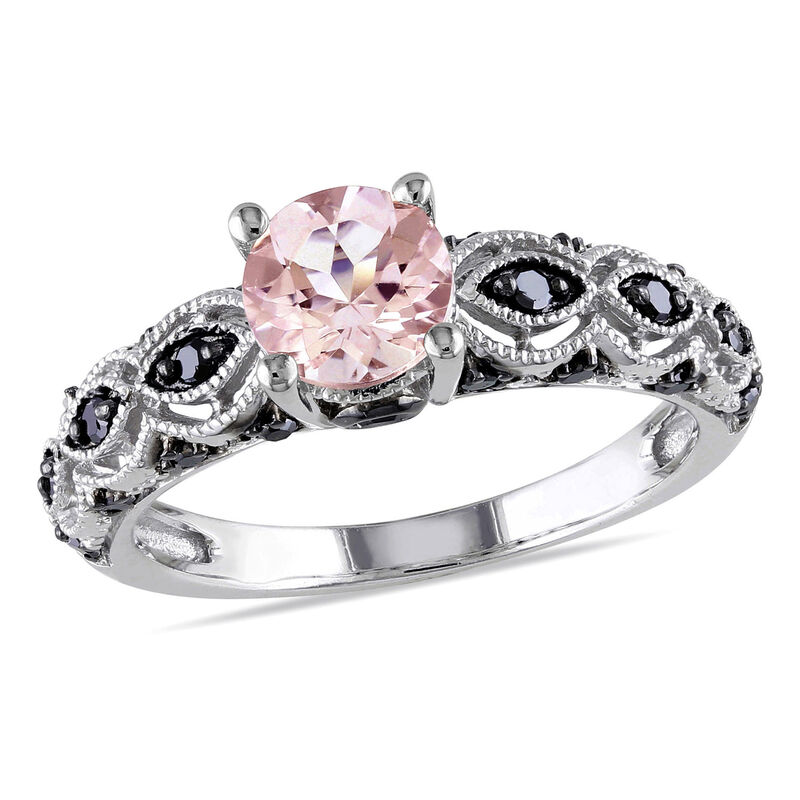 Round Cut Morganite and Black Diamond Ring in 10k White Gold image number null