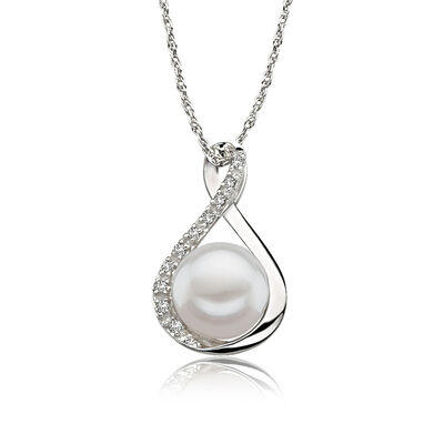 Freshwater Pearl & Diamond Pendant in 14k White Gold