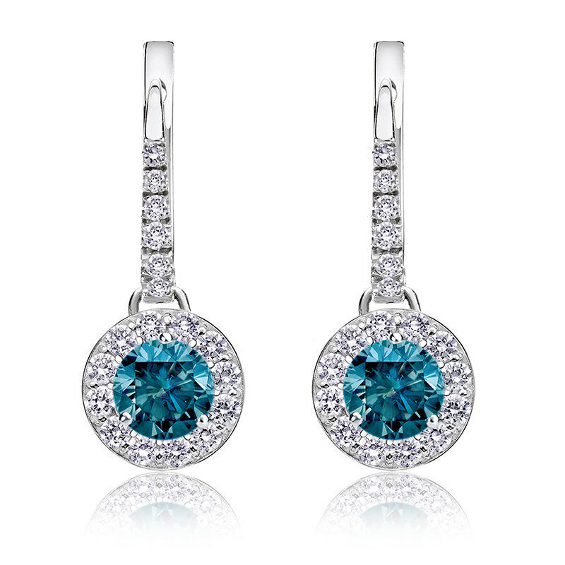Drop 1ct. Blue Diamond Halo Earrings in 14k White Gold image number null