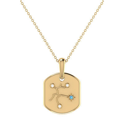 Diamond and Blue Topaz Sagittarius Constellation Zodiac Tag Necklace in 14k Yellow Gold Plated Sterling Silver