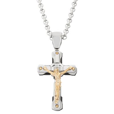BLACK & BLUE Crucifix Cross in Yellow Plated Stainless Steel & Stainless Steel