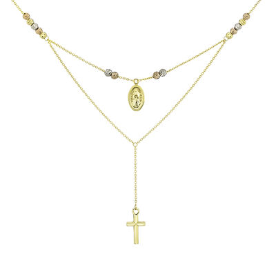 Virgin Mary & Cross Double Layer Necklace in 14k Gold