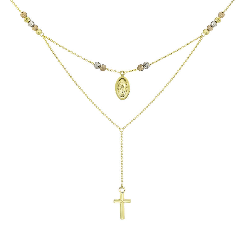 Virgin Mary & Cross Double Layer Necklace in 14k Gold image number null