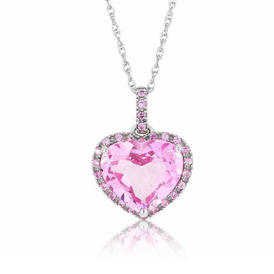 Created Pink Sapphire Halo Heart Pendant in Sterling Silver