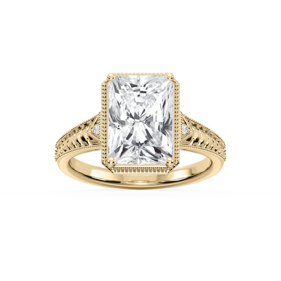 Radiant Lab Grown Diamond 4ctw. Vintage Milgrain Engagement Ring in 14k Yellow Gold