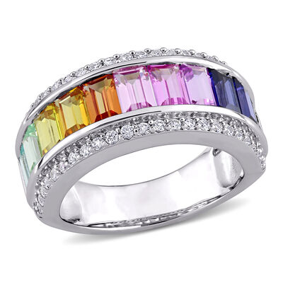 Rainbow Created Sapphire Baguette Fashion Ring in Sterling Silver 