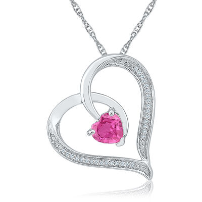 Heart-In-Heart Created Pink Sapphire & Diamond Pendant in Sterling Silver