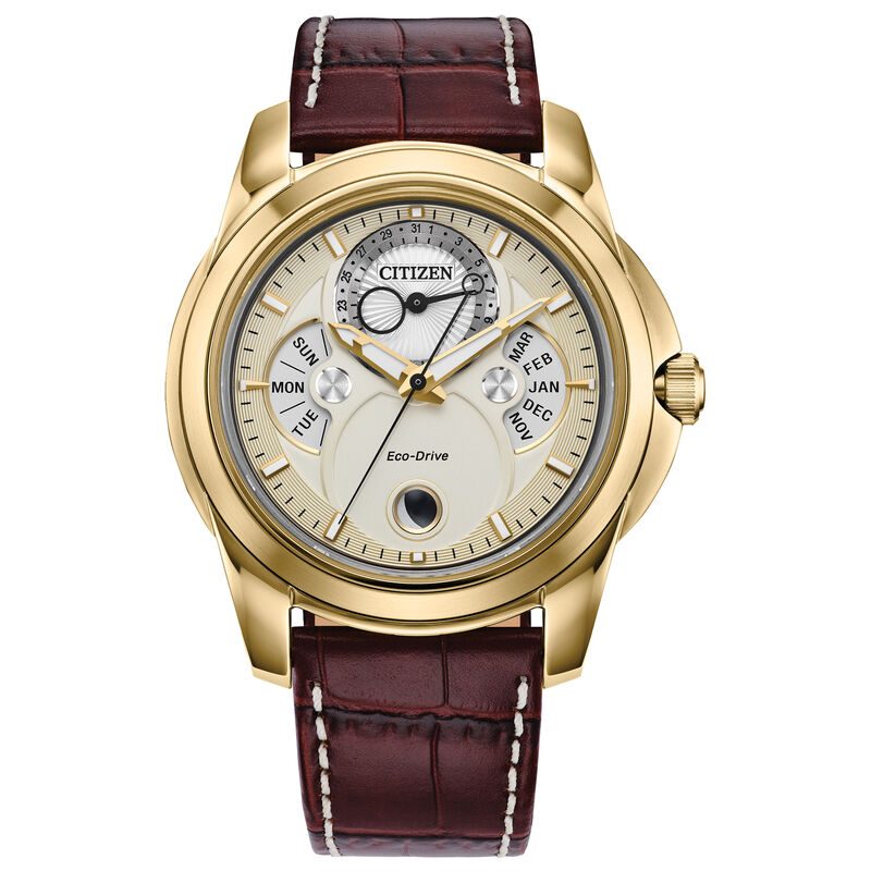 Citizen Men's Calendrier Gold-Tone Beige Dial Brown Leather Strap 42mm Watch BU0082-06P image number null