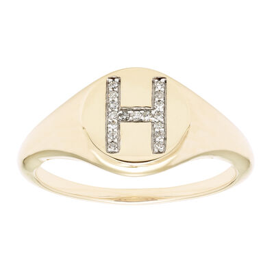 Diamond Initial H Signet Ring in 14k Yellow Gold