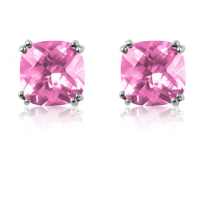 Created Pink Sapphire Cushion-Cut Stud Earrings in Sterling Silver
