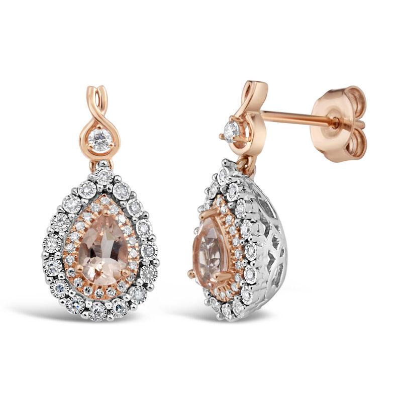 Pear-Shaped Morganite & Diamond Halo Drop Earrings in 10k White & Rose Gold image number null