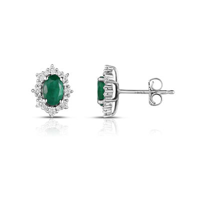 Oval-Cut Emerald Diamond Royal Collection Earrings in 10k White Gold