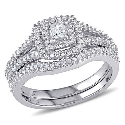 Princess-Cut 1/2ctw Diamond Double Halo Split Shank Bridal Set in Sterling Silver
