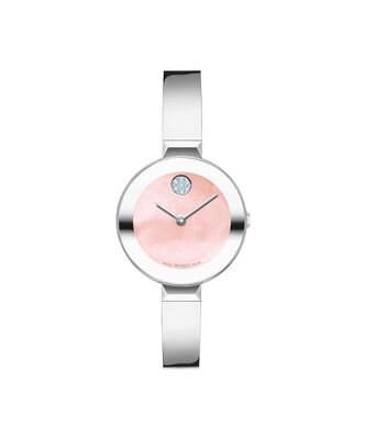 Movado Bold Ladies Stainless Steel Pink Mother of Pearl Bangle 28mm Watch 3601178