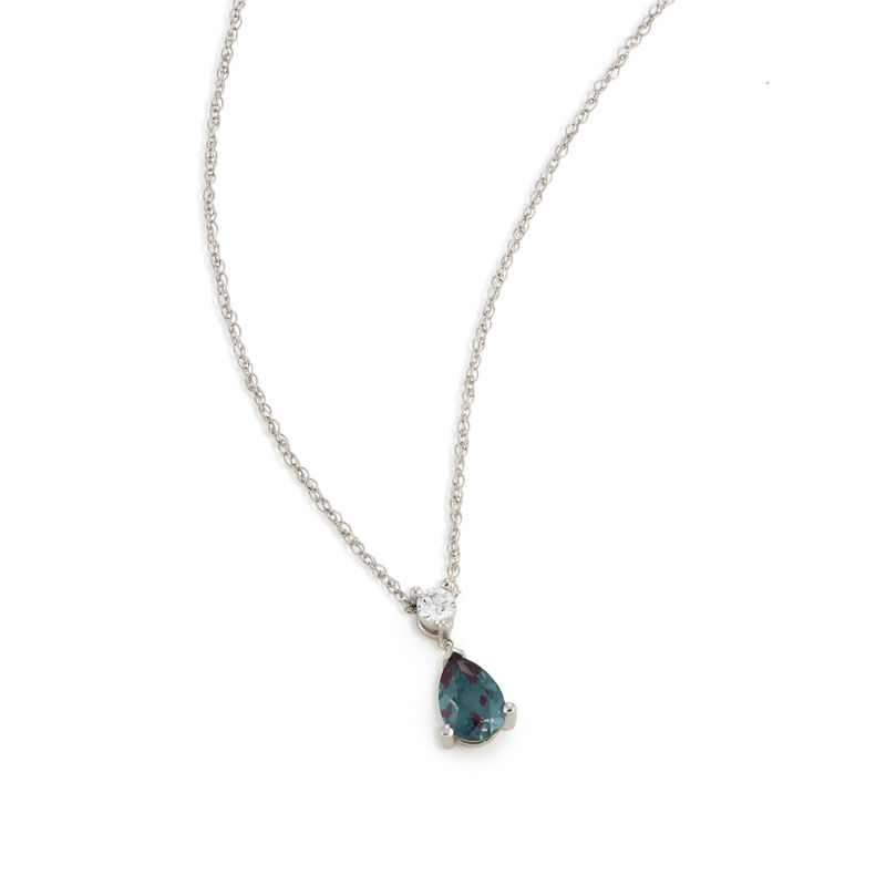Pear Shape Created Alexandrite and Lab Grown Diamond Dangle Pendant in 10k White Gold image number null