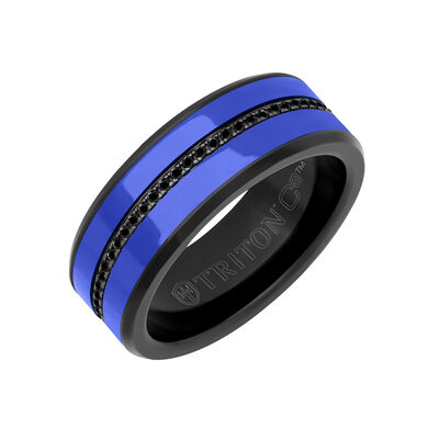 Triton 8mm Black Tungsten Band with Blue Ceramic Inlay and Eternity Black Sapphires