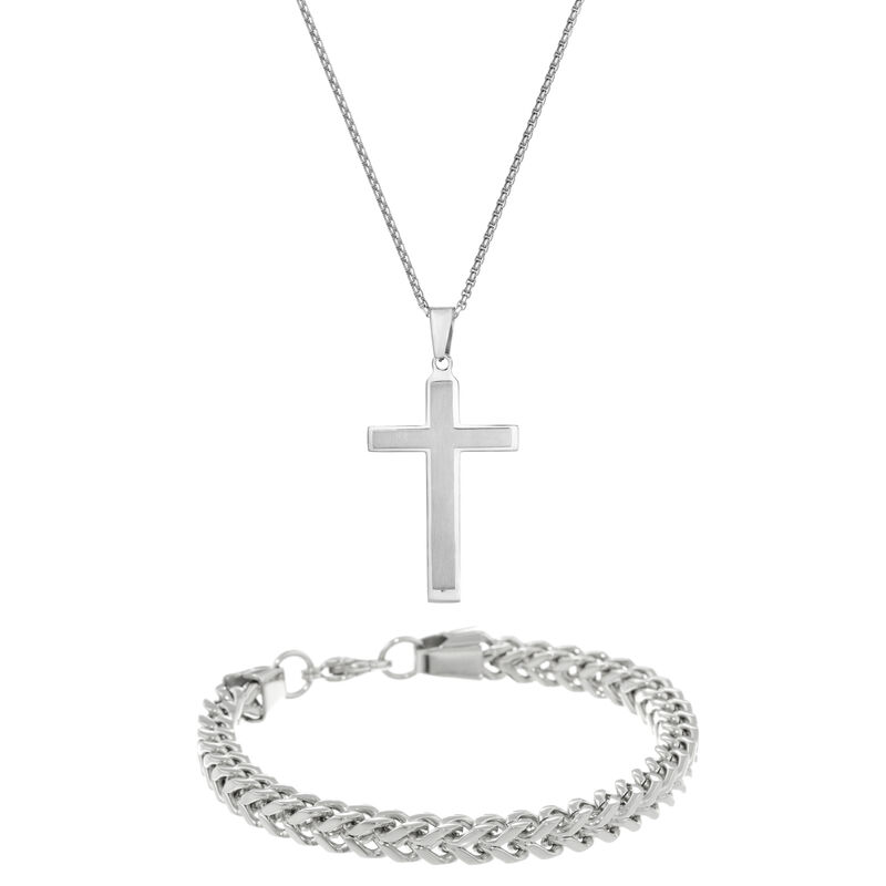 Men's Cross Pendant and 9mm Foxtail Bracelet Box Set in Stainless Steel image number null