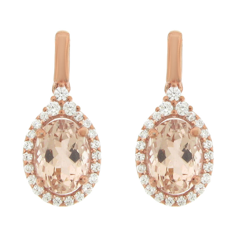 Oval Morganite Gemstone & Diamond Halo Drop Earrings in 10k Rose Gold image number null