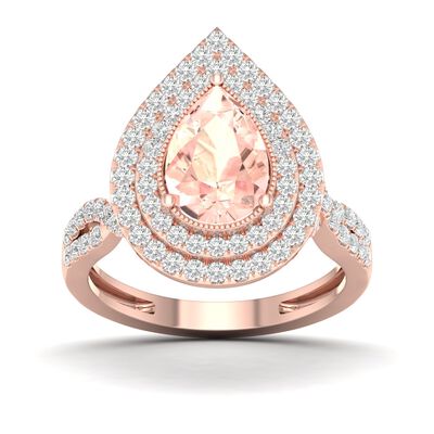 Pear-Shaped Morganite & Double Diamond Halo Ring in 10k Rose Gold