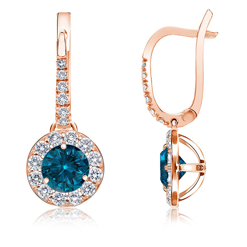 Drop 2ct. Blue Diamond Halo Earrings in 14k Rose Gold image number null
