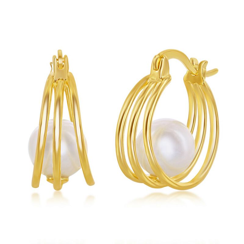 Freshwater Pearl Cradle Triple Hoop Earrings in Yellow Gold Plated Sterling Silver image number null