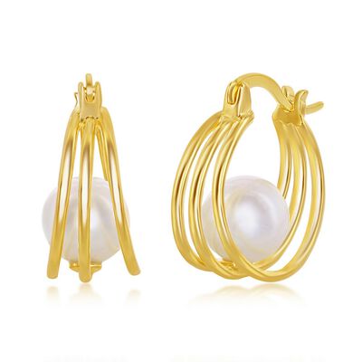 Freshwater Pearl Cradle Triple Hoop Earrings in Yellow Gold Plated Sterling Silver