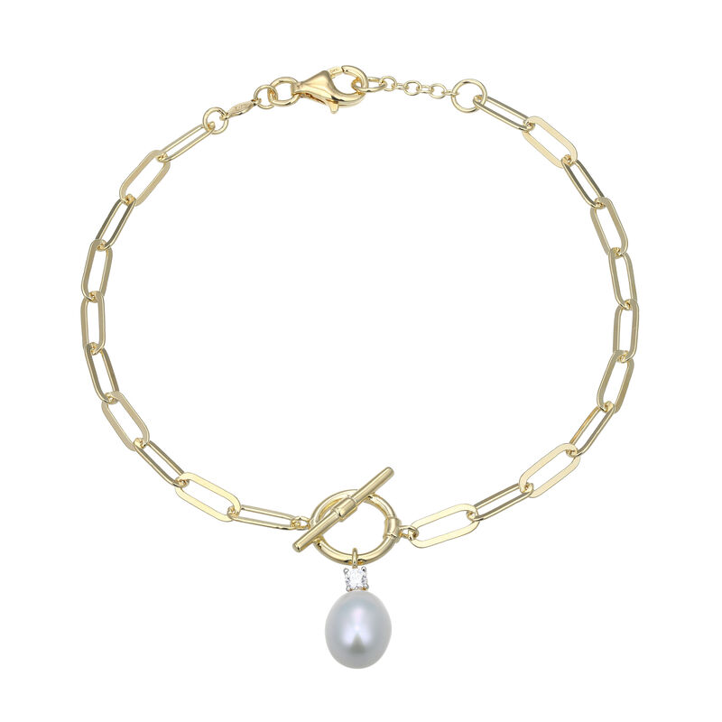 White Shell Pearl & Lab Grown Diamond Toggle Chain Bracelet in Gold Plated Sterling Silver image number null