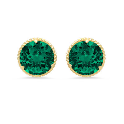 Created Emerald Roped Halo Stud Earrings in 14k Yellow Gold