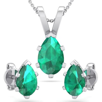 Pear Emerald Necklace & Earring Jewelry Set in Sterling Silver