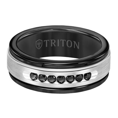 Triton Men's 8mm Black Tungsten Carbide and Black Diamond with 14k White Gold Center Wedding Band