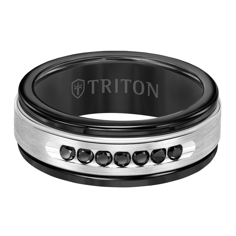 Triton Men's 8mm Black Tungsten Carbide and Black Diamond with 14k White Gold Center Wedding Band image number null