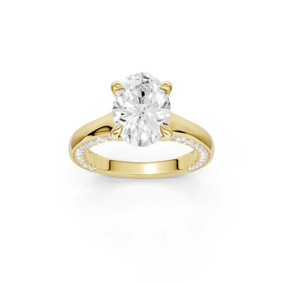 Oval Lab Grown Diamond 3 1/2ctw. Tapered Engagement Ring with Round Diamond Shank in 14k Yellow Gold