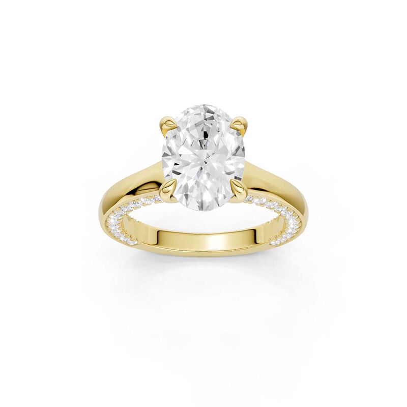 Oval Lab Grown Diamond 3 1/2ctw. Tapered Engagement Ring with Round Diamond Shank in 14k Yellow Gold image number null